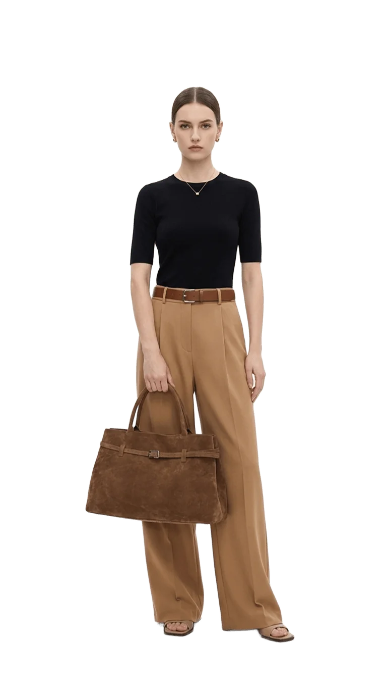 Mulher de camisola preta e calças camel com mala de camurça